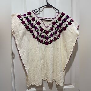Embroidered Cream Floral Tunic Top with Purple Accents